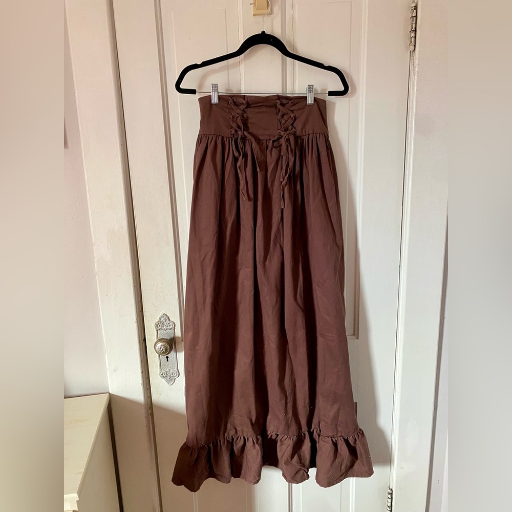 Thorn & Fable Hot Topic Brown Maxi Skirt with Ruffled Tie Front